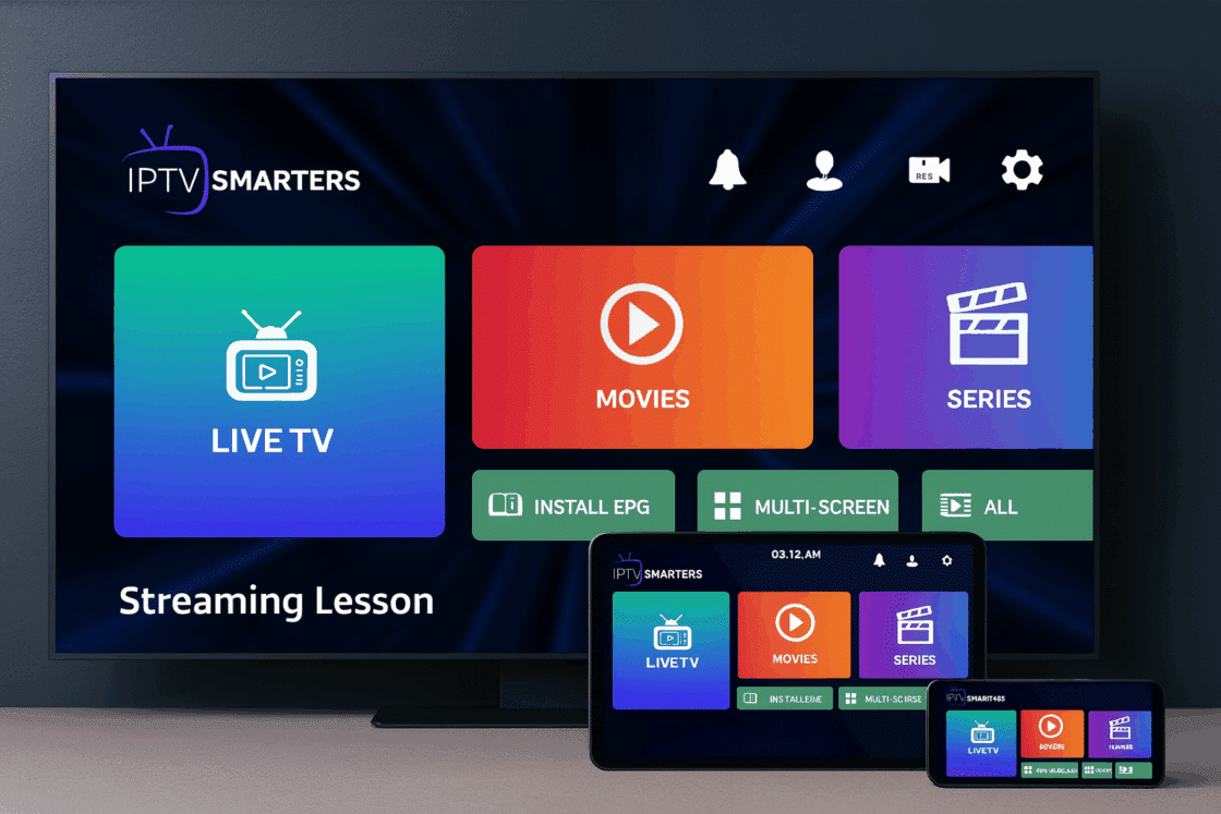IPTV Smarters app shown running on TV, tablet, and smartphone in a modern home setup.